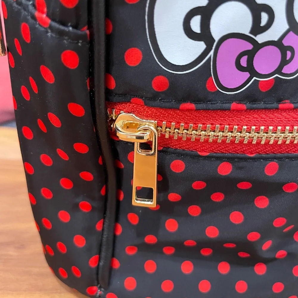 HELLO KITTY Sanrio Mini Backpack with Zipped Front Pocket Black Red Polka Dots - Picture 10 of 15
